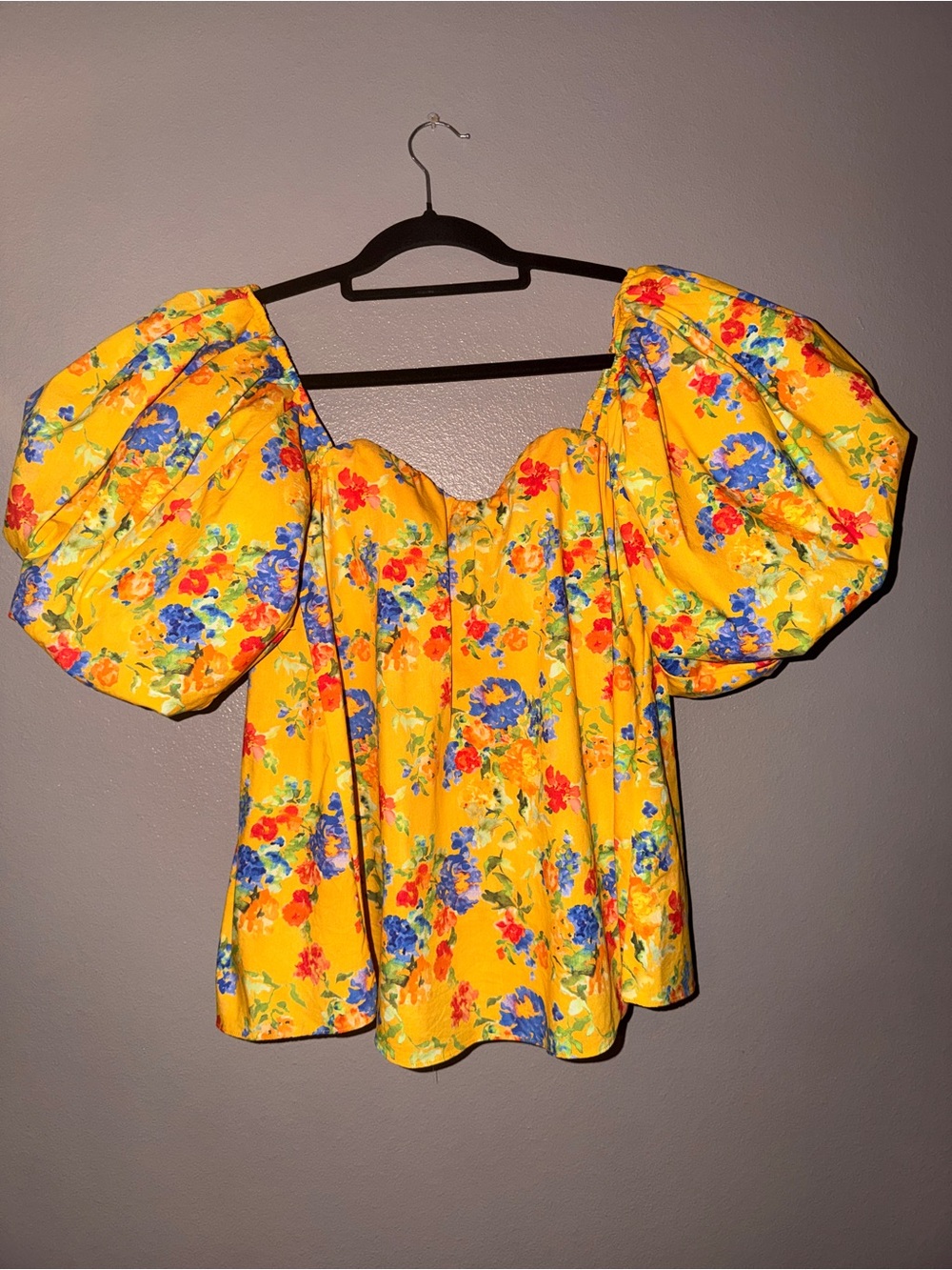 Caroline Constas Floral Top Size Small Yellow Puff Sleeve Off Shoulder Blouse